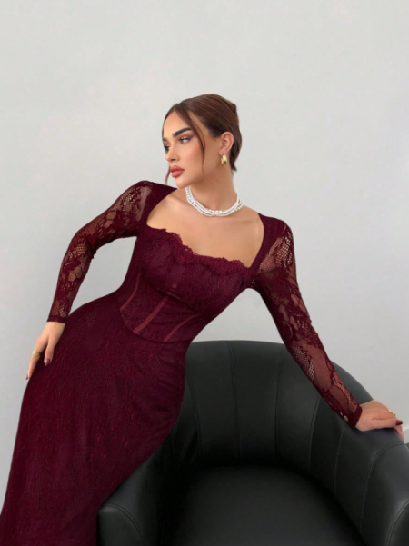 فستان ماكسي ضيق بأسلوب حمالة الصدر شبكي بأكمام طويلة